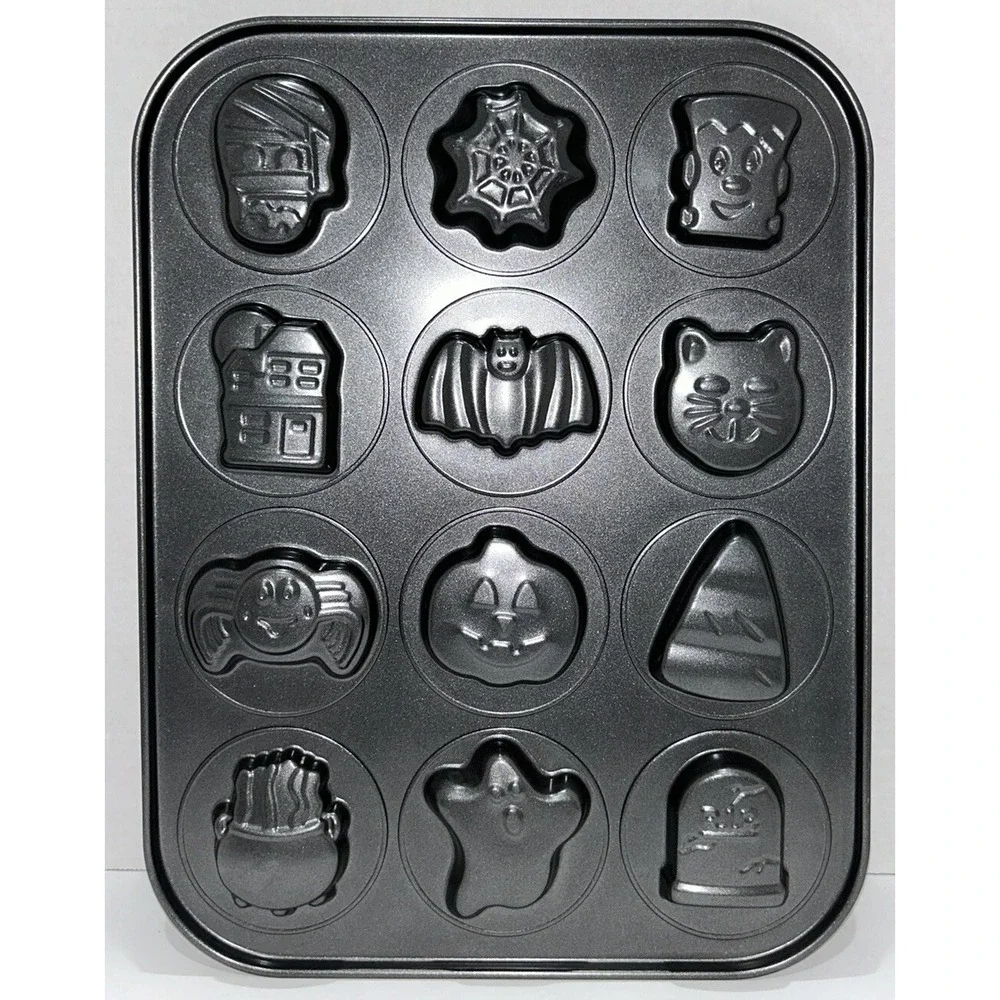 Halloween Cookie Pan 12 Spooky Shapes Ghost Frankenstein Bat‎ Cat Spider New
